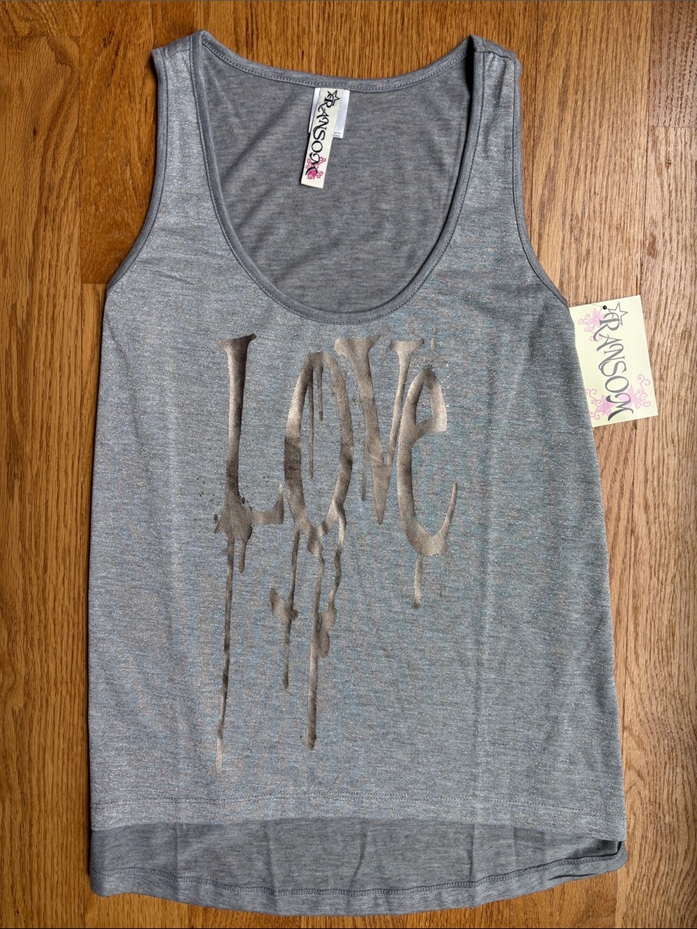 Ransom Gray Tank Top with Metallic Silver 'LOVE' Drip Graphic